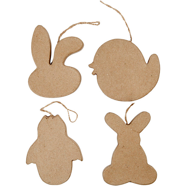 Påskeophæng, kaninhoved, kylling, kylling i æg og hare, H: 10 cm, 4 stk./ 1 pk.