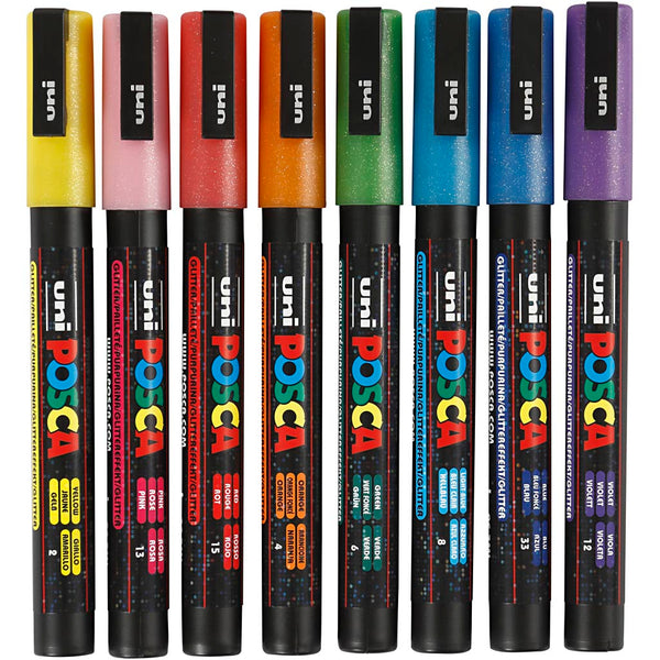 Posca Tusch, nr. PC-3ML, streg 0,9-1,3 mm, glitterfarver, 8 stk./ 1 pk.