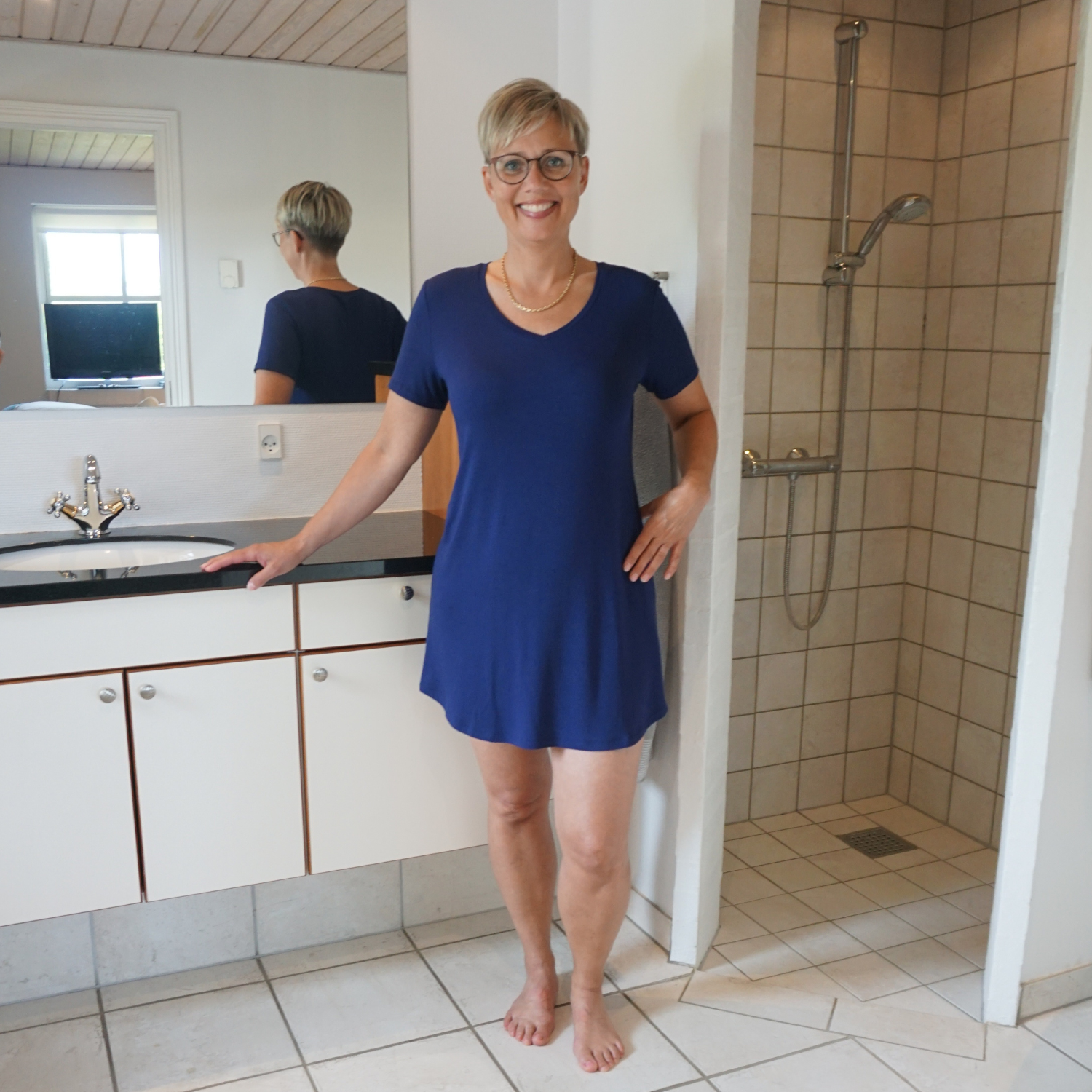 Dame natkjole kort ærme - Mørke Blå