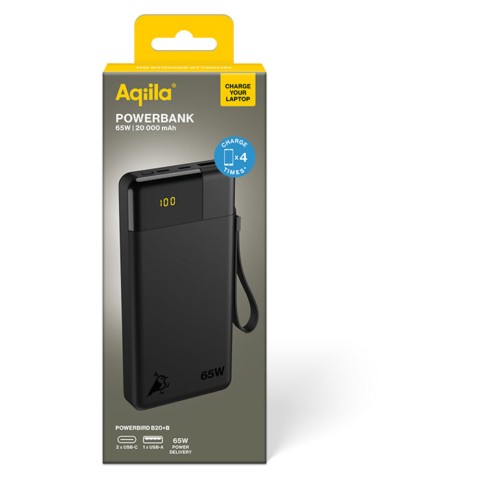 Powerbank 20.000 mAh 65W PD QC 3-port (2×USB-C, 1×USB-A) - aqiila