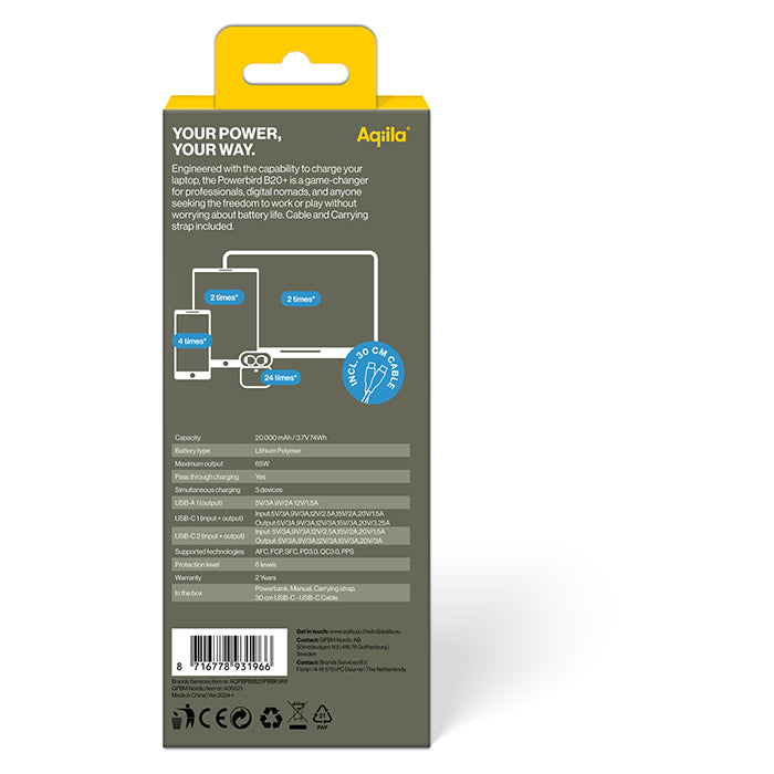 Powerbank 20.000 mAh 65W PD QC 3-port (2×USB-C, 1×USB-A) - aqiila