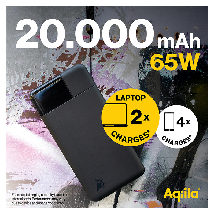 Powerbank 20.000 mAh 65W PD QC 3-port (2×USB-C, 1×USB-A) - aqiila