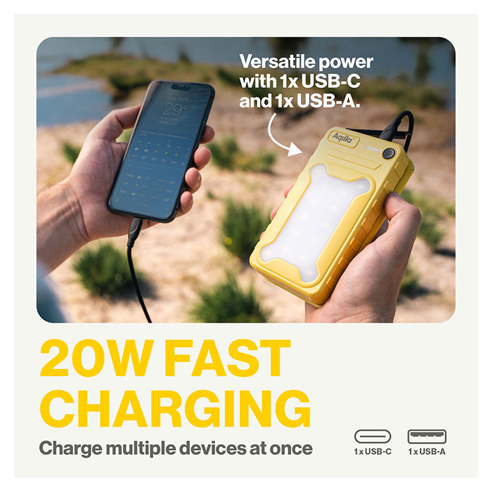 Solcellepowerbank 10.000 mAh 20W PD USB-C/USB-A IP54 - aqiila