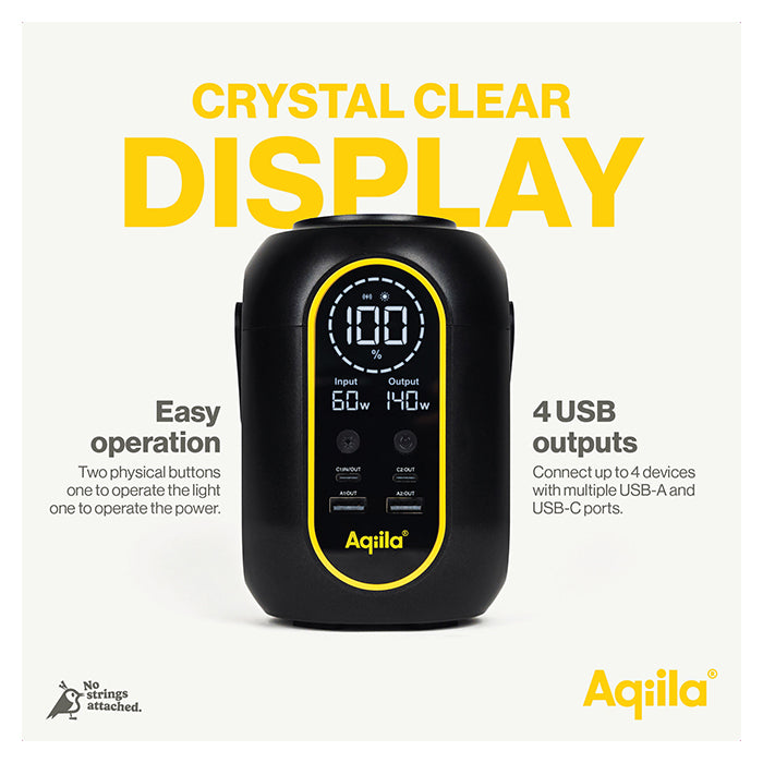 Powerbank 200Wh, 140W udgang, USB-A/USB-C, trådløs opladning - aqiila