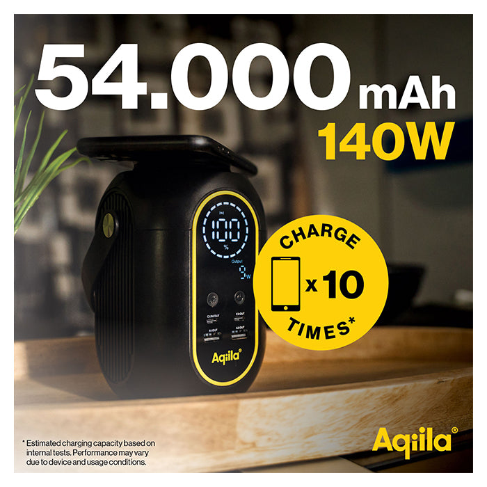 Powerbank 200Wh, 140W udgang, USB-A/USB-C, trådløs opladning - aqiila