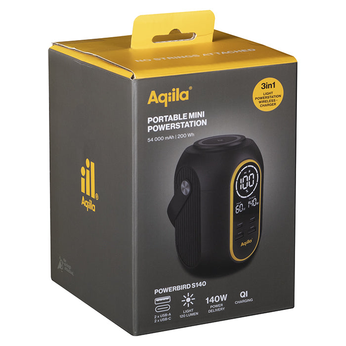 Powerbank 200Wh, 140W udgang, USB-A/USB-C, trådløs opladning - aqiila