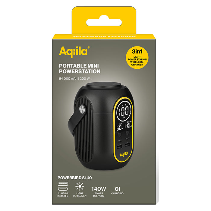 Powerbank 200Wh, 140W udgang, USB-A/USB-C, trådløs opladning - aqiila