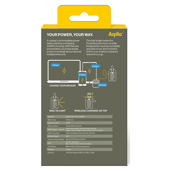 Powerbank 200Wh, 140W udgang, USB-A/USB-C, trådløs opladning - aqiila