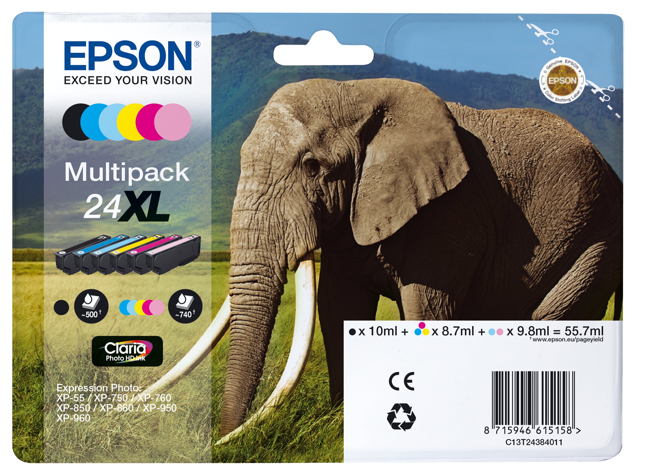 Epson 24XL Multipack Sort Gul Cyan Magenta Lys magenta Lys cyan Blæk C13T24384011