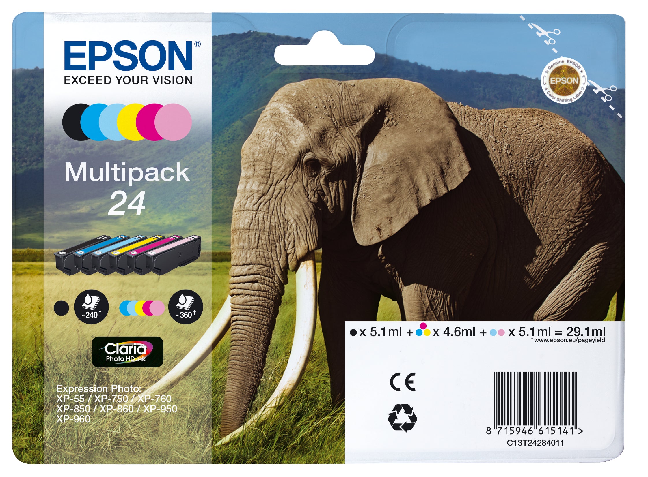 Epson 24 Multipack Sort Gul Cyan Magenta Lys magenta Lys cyan Blæk C13T24284011