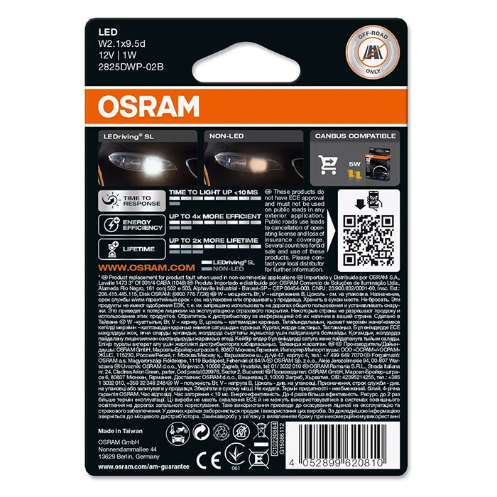 LED W5W 12V 6000K 70lm 1W 2-pak bilpærer - Osram