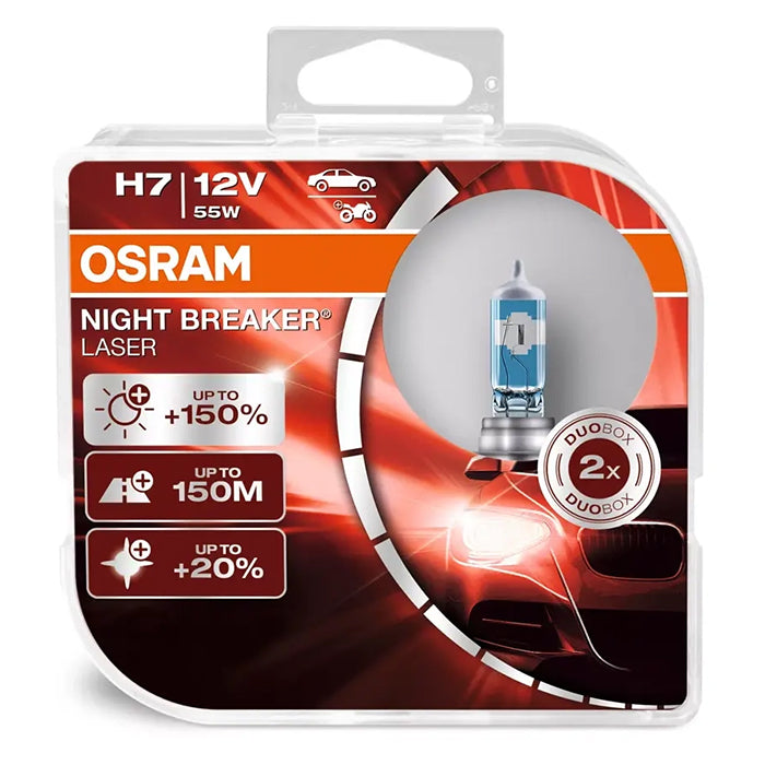 Halogen forlygtepærer H7 55W 12V - Night Breaker Laser +150% lys, sæt, Osram