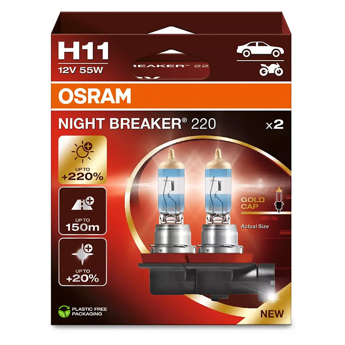 Halogenpærer H11 Night Breaker 220 - Sæt 2 stk til 12V/55W, forbedret lysstyrke og rækkevidde. Osram