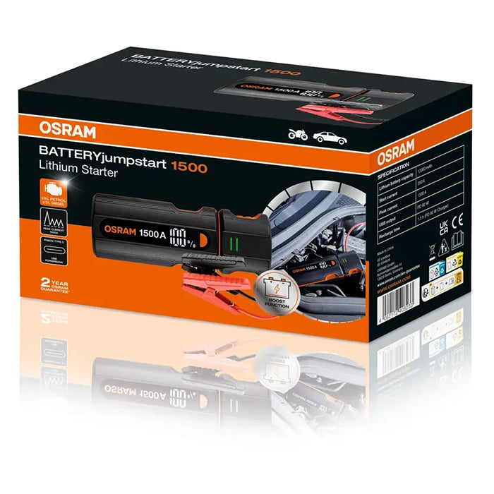 Starthjælp 1500A til 12V biler med USB-C & LED lommelygte, 12000mAh - Osram