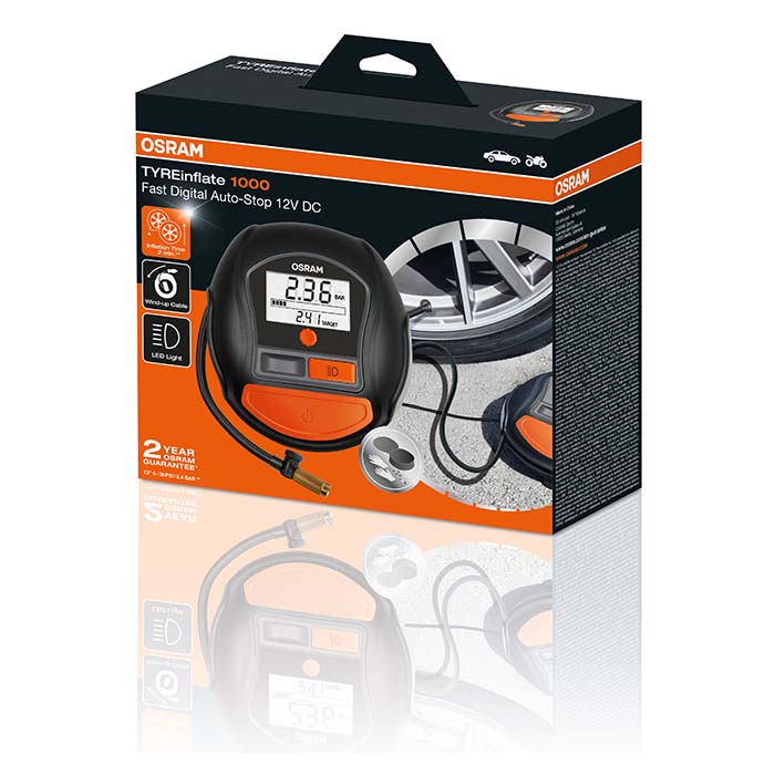Mini-kompressor dækpumpe 12V, digitalt display, autostop - Osram
