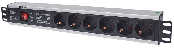 Intellinet 19 1.5U Rackmount 6-Way Power Strip - German Type, With On/Off and Surge Protection, 3m Power Cord (Euro 2-pin plug) Stikdåse 6-stik 16A Sort 3m