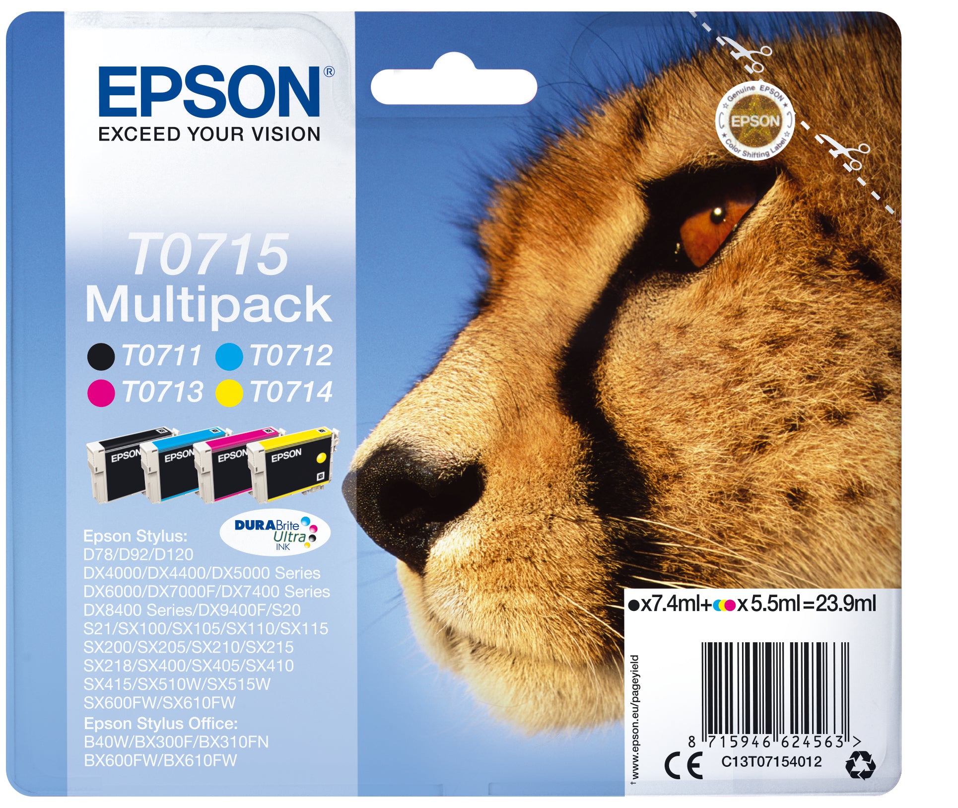 Epson T0715 Multipack Sort Gul Cyan Magenta Blæk C13T07154012