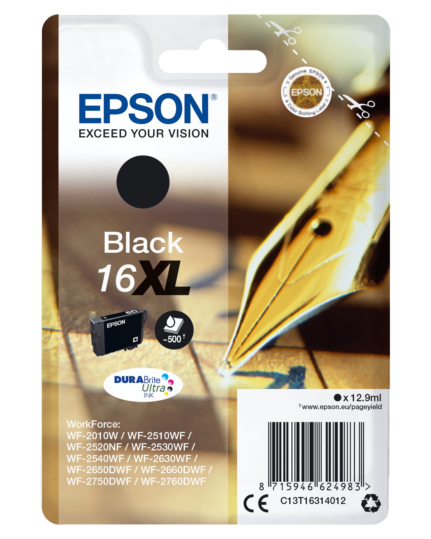 Epson 16XL Sort 500 sider Blæk C13T16314012
