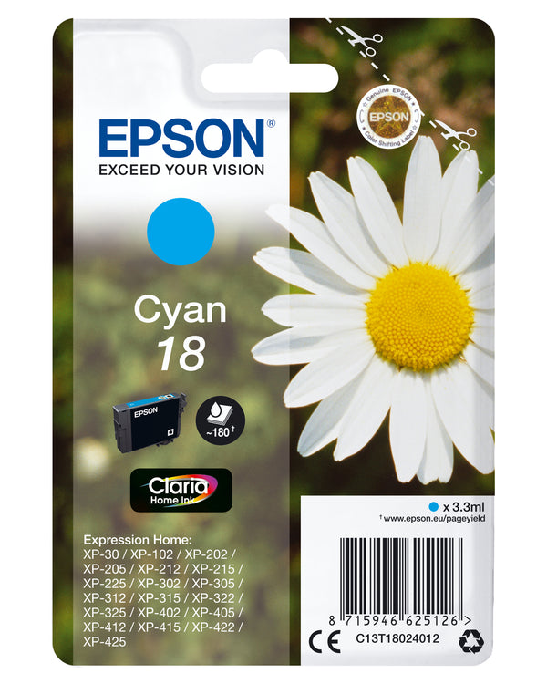 Epson 18 Cyan 180 sider Blæk C13T18024012