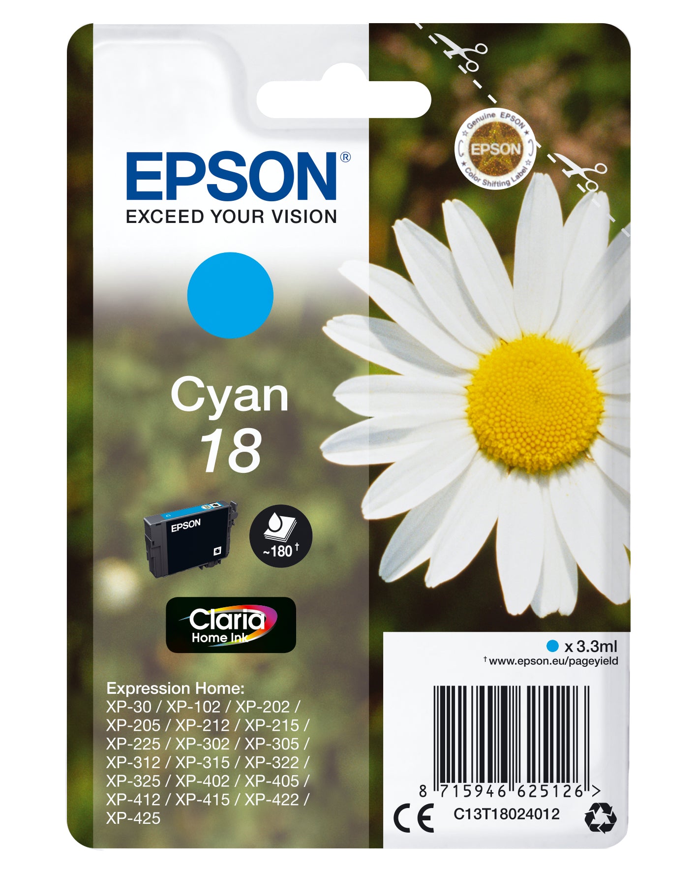 Epson 18 Cyan 180 sider Blæk C13T18024012