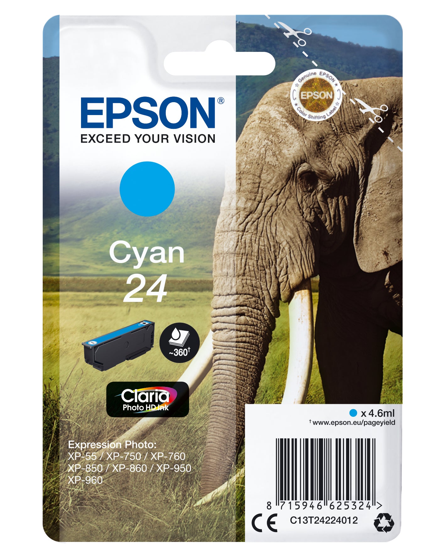 Epson 24 Cyan 360 sider Blæk C13T24224012