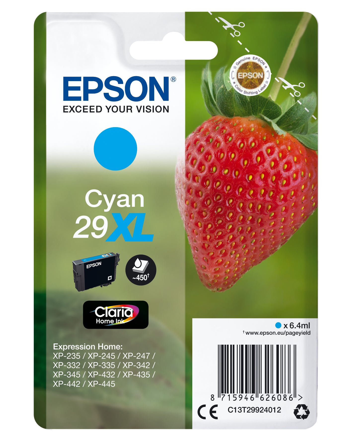 Epson 29XL Cyan 450 sider Blæk C13T29924012