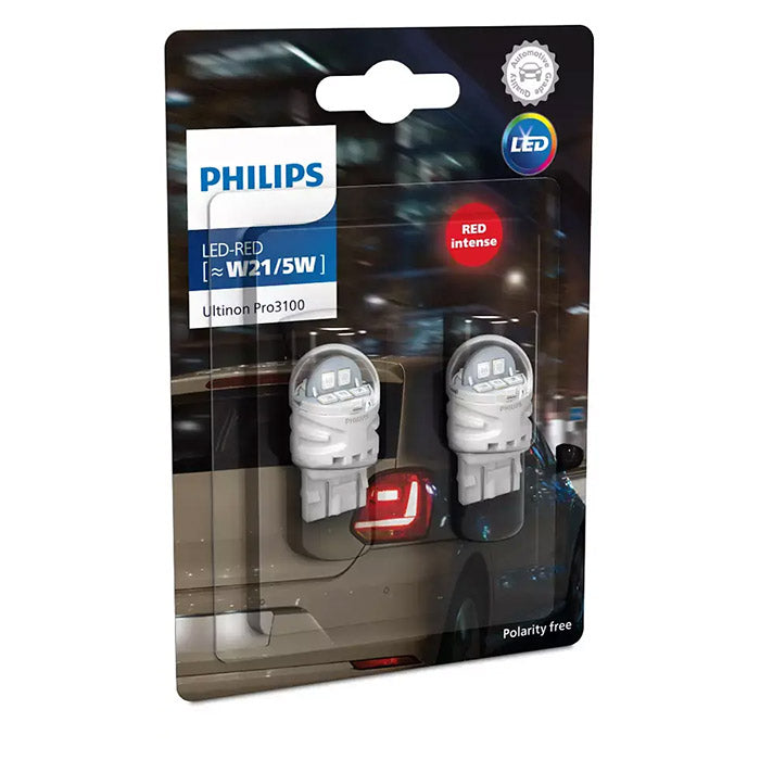 LED W21/5W 12V til bremse/baglys, 2 stk - Philips Ultinon Pro3100, W3x16q - Philips