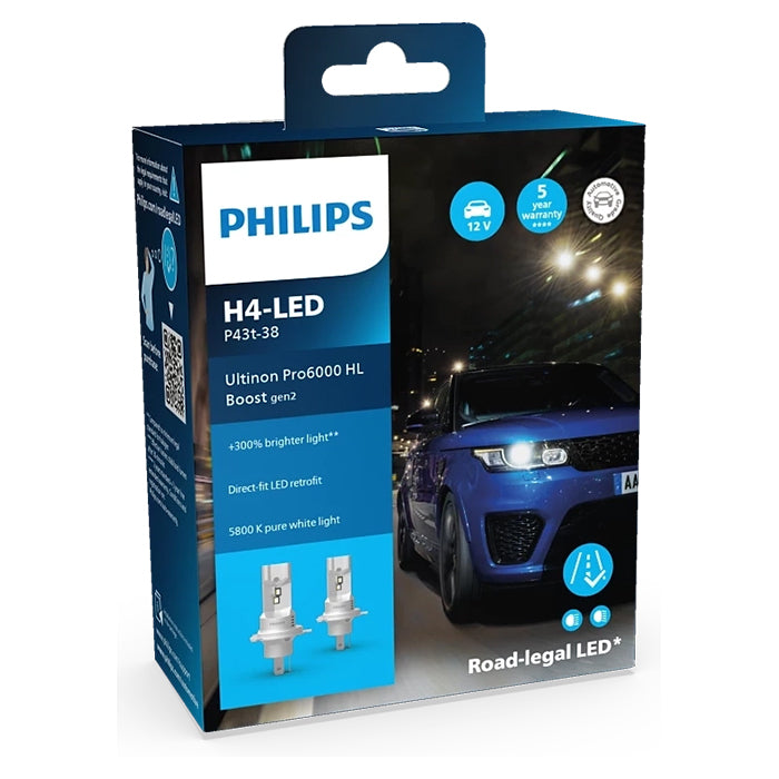LED H4 Forlygtepærer ECE Gen2 - Ultinon Pro6000 Boost, Philips