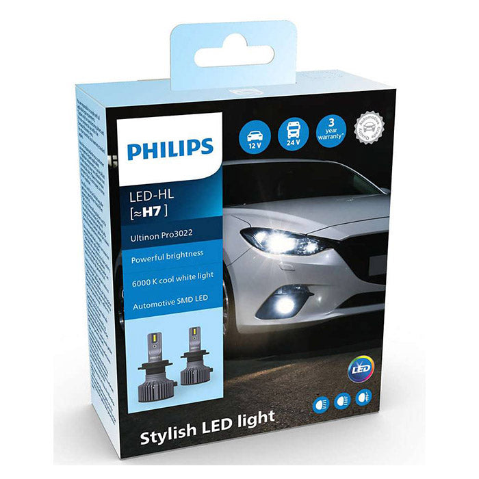 LED H7 forlygtepærer 12/24V - Philips Ultinon Pro3022 sæt, Philips