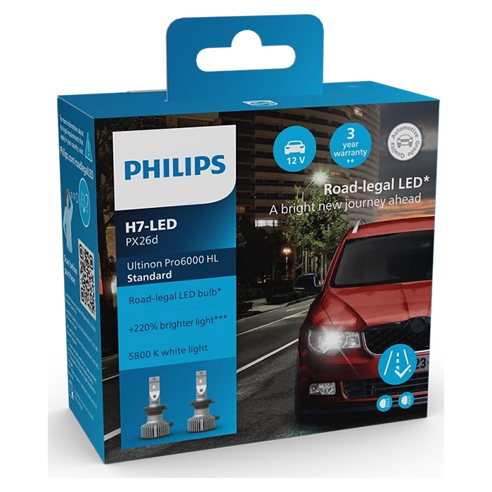 LED Forlygtepærer H7 12V ECE godkendt - Ultinon Pro6000, 2 stk. - Philips