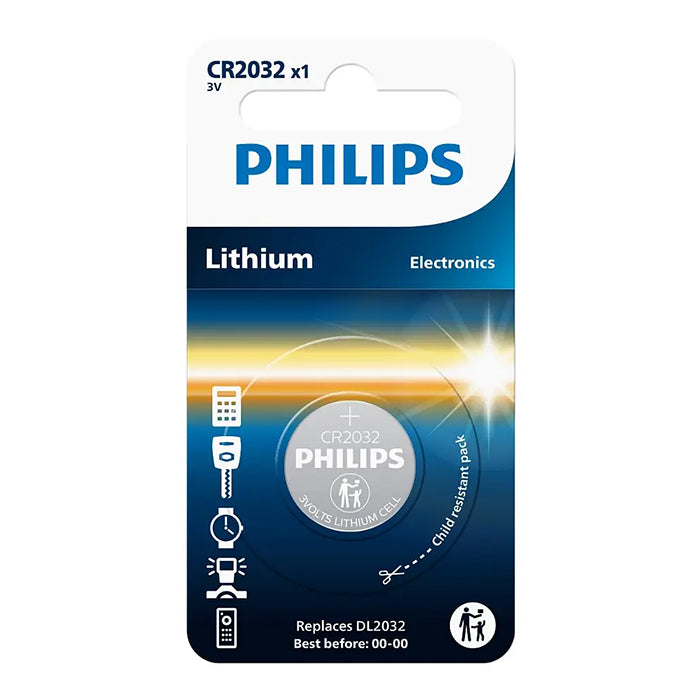 CR2032 3V knapcellebatteri til ur, fjernbetjening m.m. - Philips