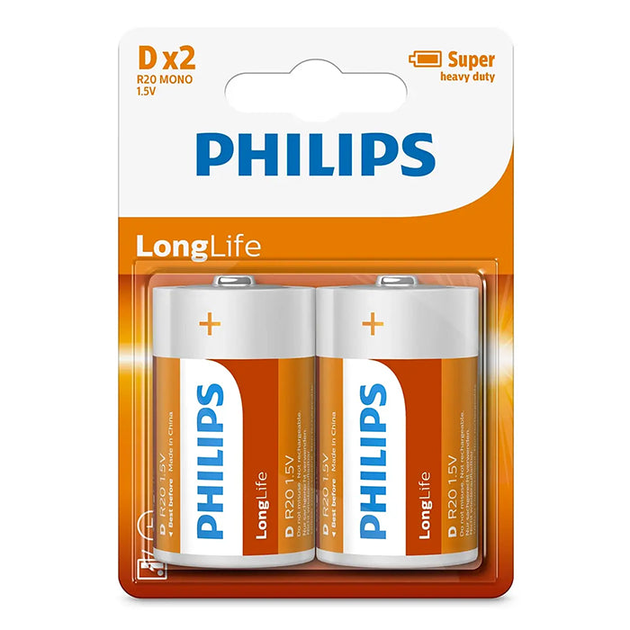 D Batteri 2 stk - Longlife zinkklorid til lavenergienheder, Philips