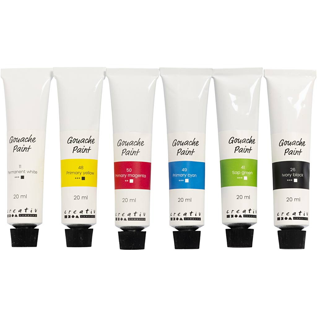 Gouache Maling, standardfarver, 6x20 ml/ 1 pk.