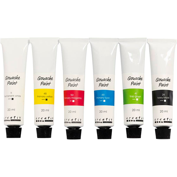 Gouache Maling, standardfarver, 6x20 ml/ 1 pk.