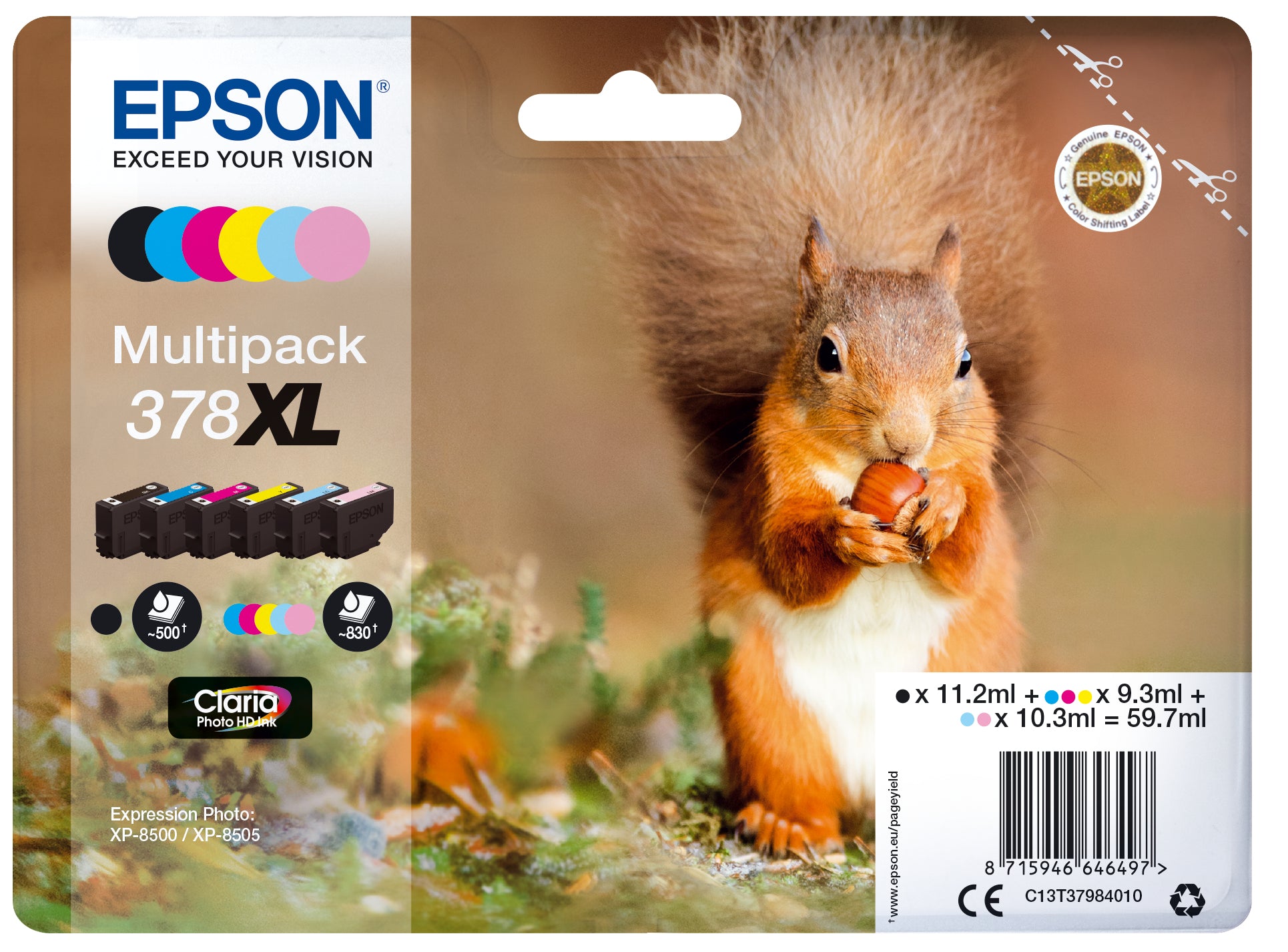 Epson 378XL Multipack Sort Gul Cyan Magenta Lys magenta Lys cyan Blæk C13T37984010