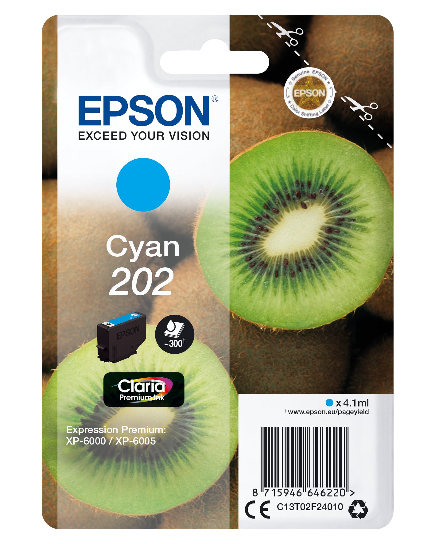 Epson 202 Cyan 300 sider Blæk C13T02F24010