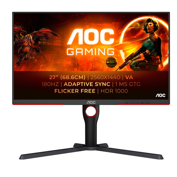 AOC Gaming Q27G3XMN/BK 27 2560 x 1440 (2K) HDMI DisplayPort 180Hz Pivot Skærm