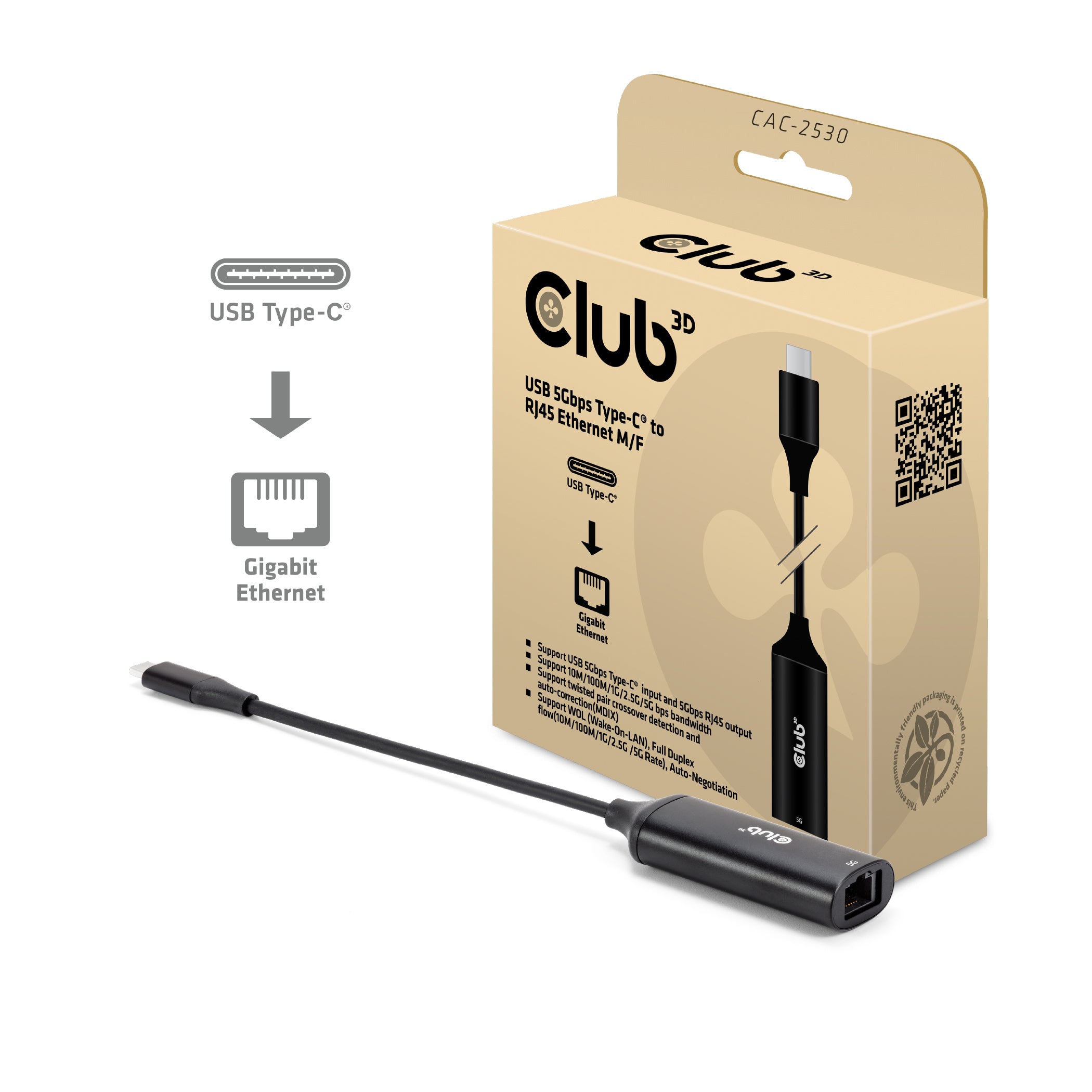 Club 3D USB-C til RJ45 netværksadapter 5Gbps 24.5 cm