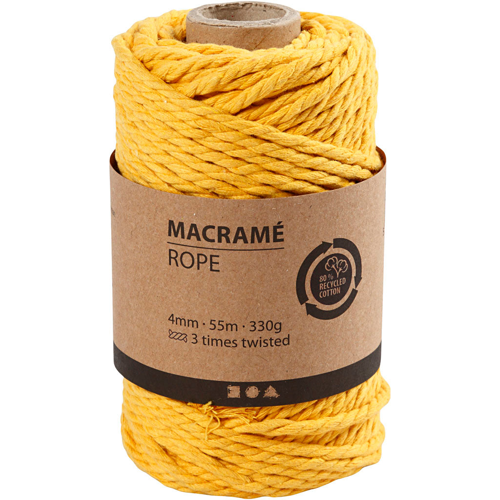 Macramé reb, L: 55 M, diam. 4 mm, gul, 330 g/ 1 rl.