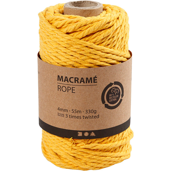 Macramé reb, L: 55 M, diam. 4 mm, gul, 330 g/ 1 rl.