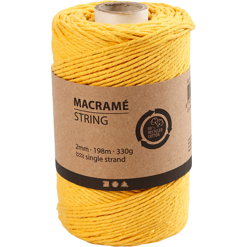 Macramé snor, L: 198 M, diam. 2 mm, gul, 330 g/ 1 rl.