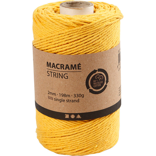 Macramé snor, L: 198 M, diam. 2 mm, gul, 330 g/ 1 rl.