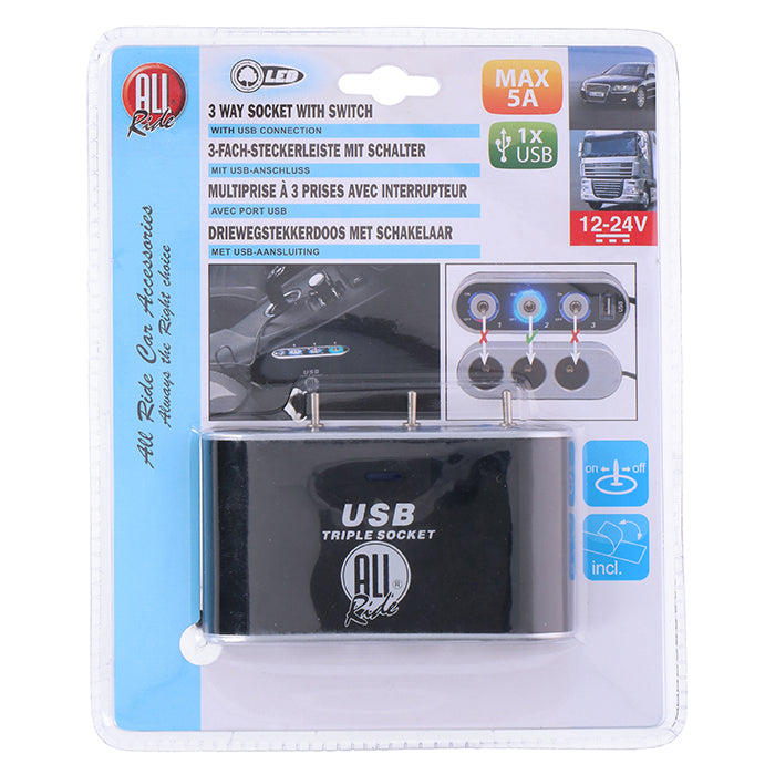 Cigartænderudtag - 3 x strømudtag, 1 x USB - allride
