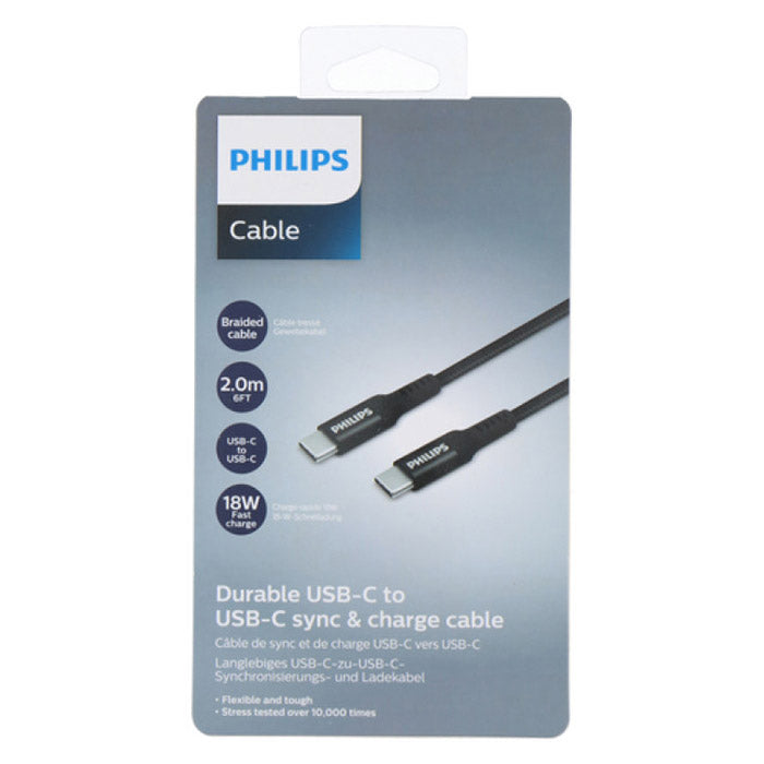 USB-C kabel 2 m, USB-C til USB-C, 5 Gbps, 15W, sort flettet - Philips
