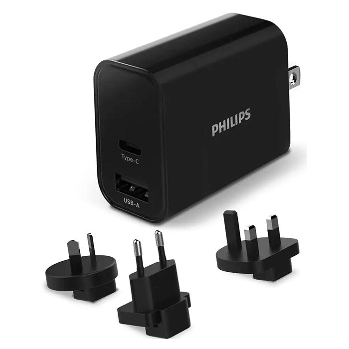 30W USB-A + USB-C rejselader med Fast-Charge og udskiftelige stik - Philips