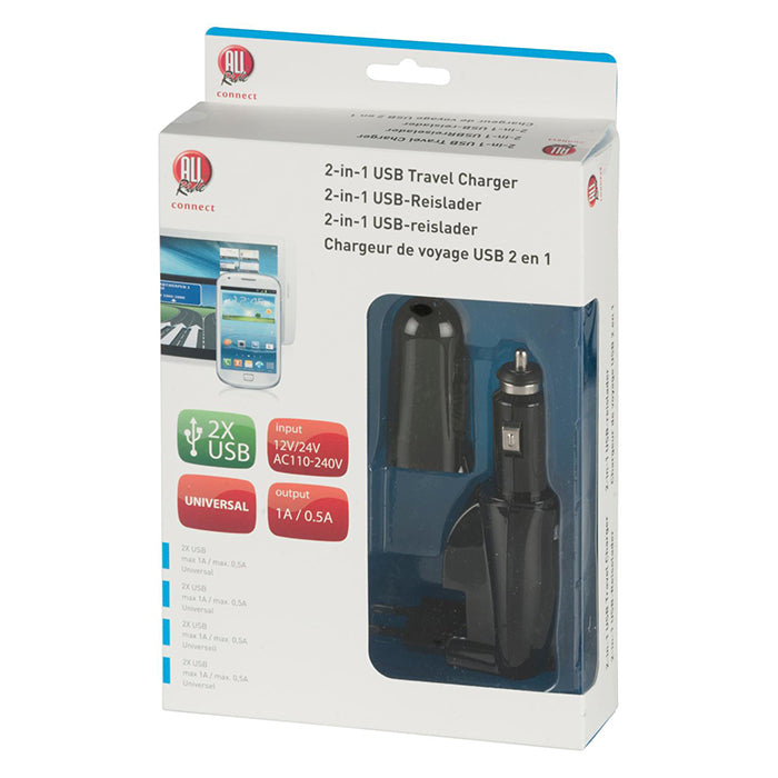 Rejseoplader USB 2x 1A/0,5A kompakt 110-240V til bil 12/24V 173g - edco