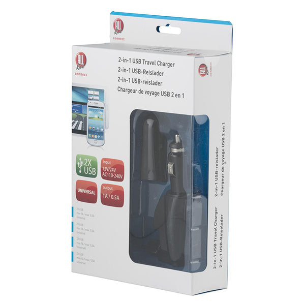 Rejseoplader USB 2x 1A/0,5A kompakt 110-240V til bil 12/24V 173g - edco