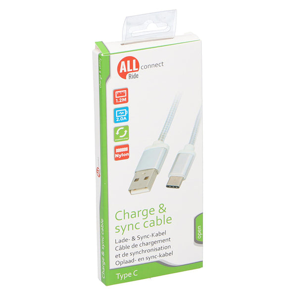 USB-A til USB-C forlænger 1,2 m nylon 2A, robust metalhus - Allride