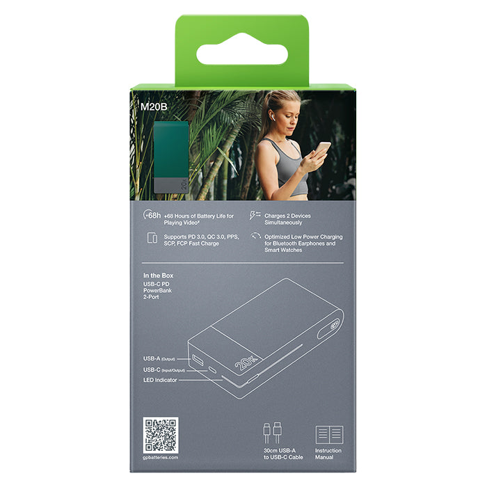 Powerbank 20.000 mAh USB-A & USB-C 22,5W hurtigopladning bærbar oplader - GP