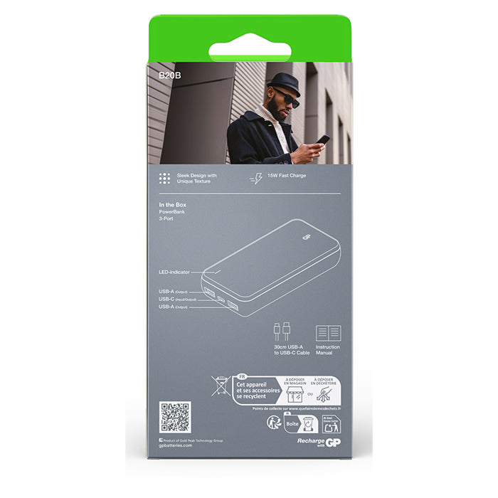 Powerbank 20000 mAh USB-C PD + USB-A LCD-display hurtigopladning - GP